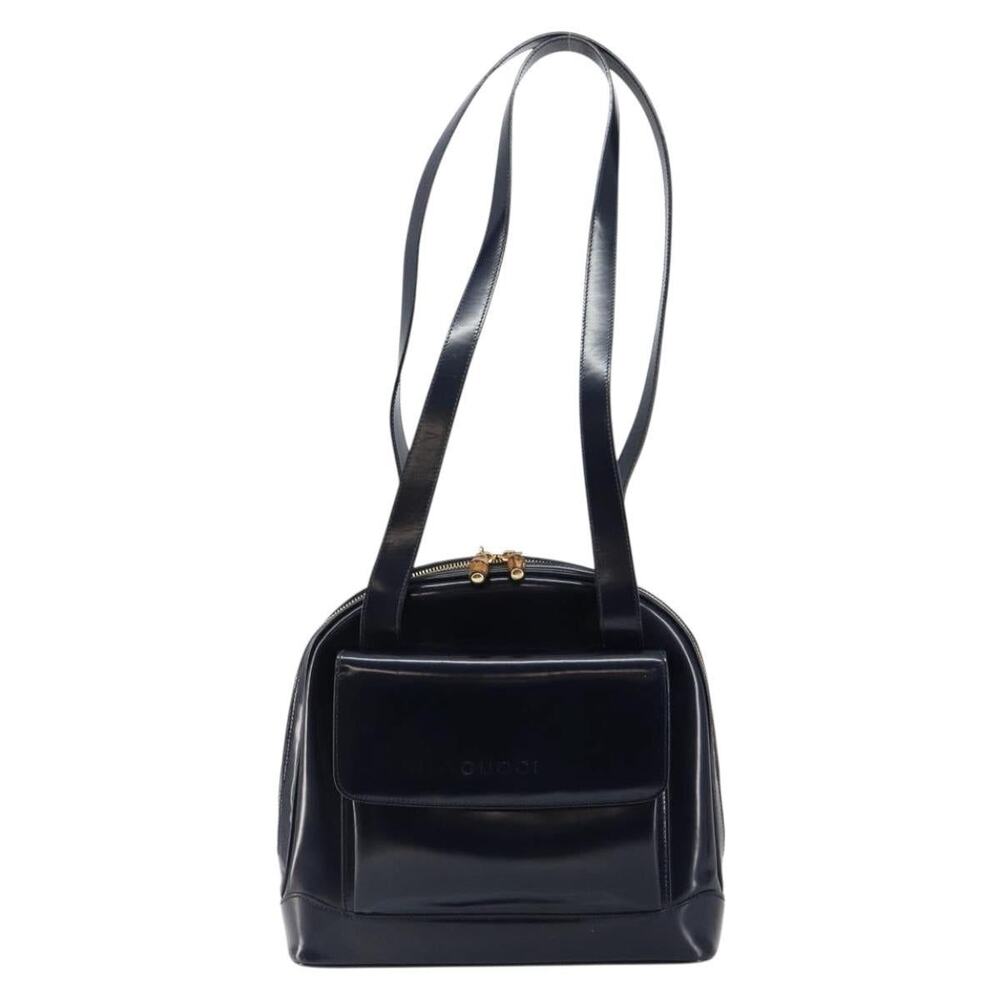 Gucci Bamboo Patent Leather Shoulder Bag Navy Gold 001 Blue